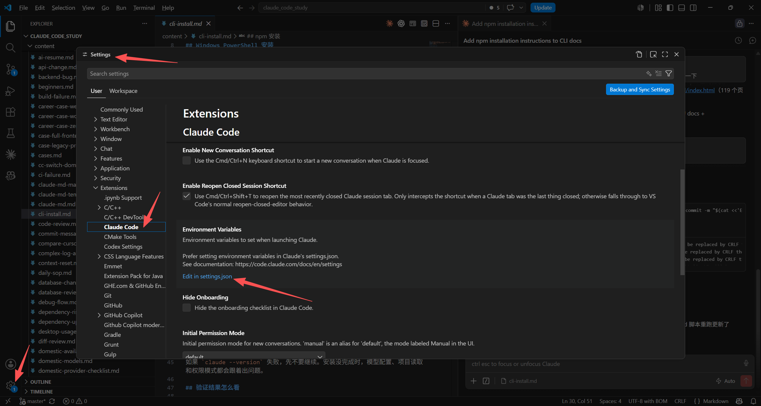 打开 Claude Code 扩展的 settings.json
